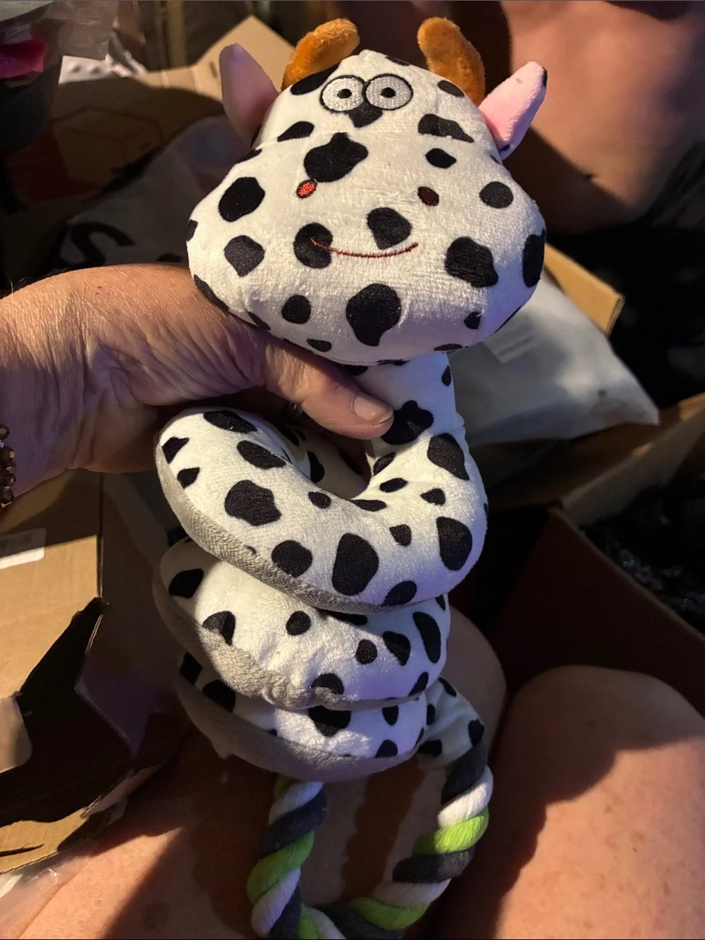 Black & White Spotted Plush Cow Rope Dog Toy